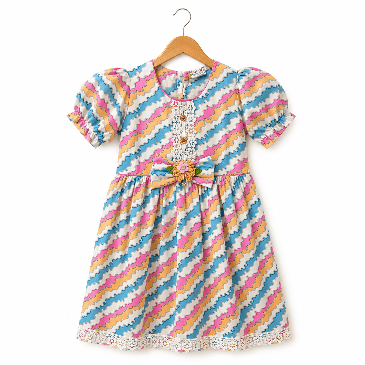 Baby Girls Colorful Chevron Print Cotton Frock with Lace and Bow Detail