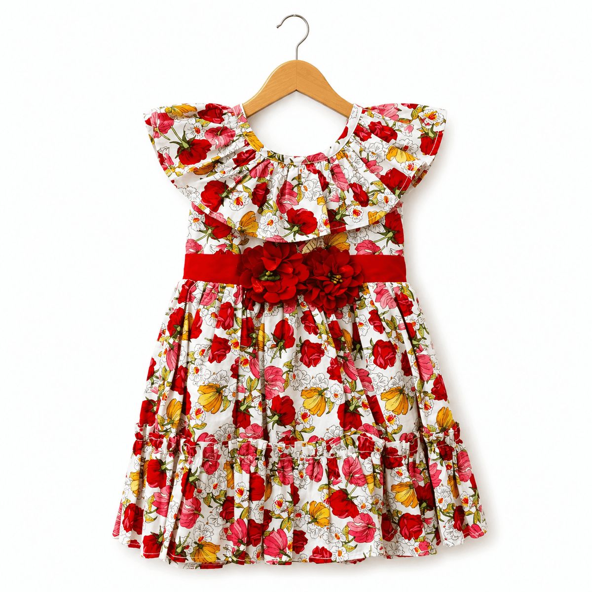 Baby Girls Red Floral Print Frock with Ruffle Collar and Waist Flower Applique