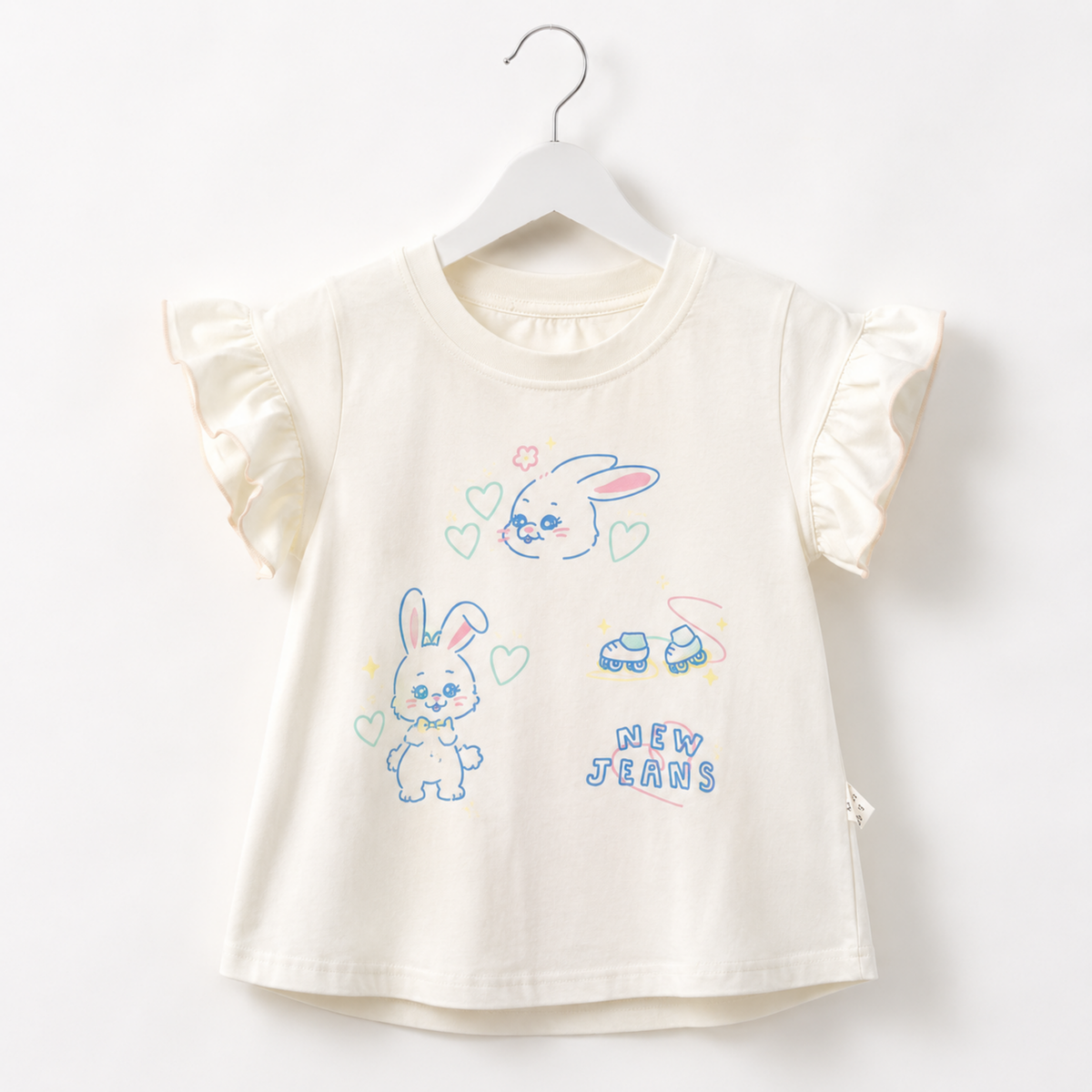 Girls Cream Cotton Bunny Print Top with Ruffled Sleeves
