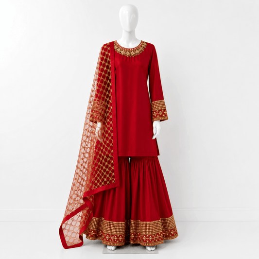 Women Crimson Red 3-Piece Embroidered Festive Gharara Suit
