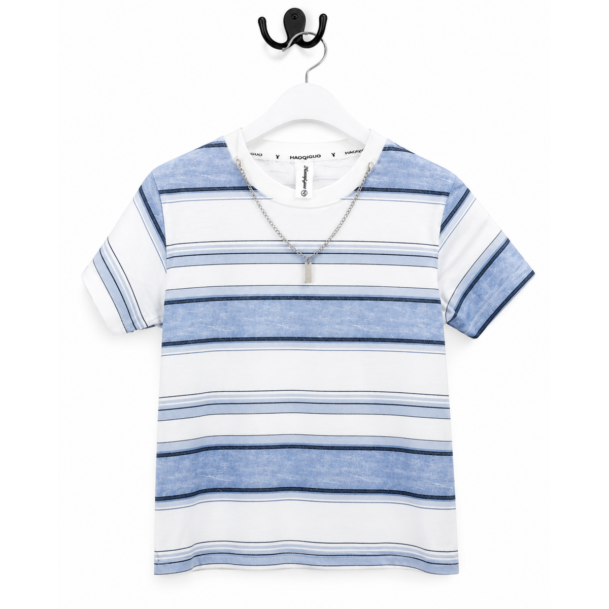 Boys Blue Striped Streetwear Tee with Chain
