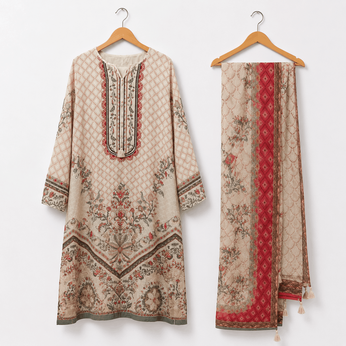Beige and Maroon Printed 3 Piece Lawn Suit