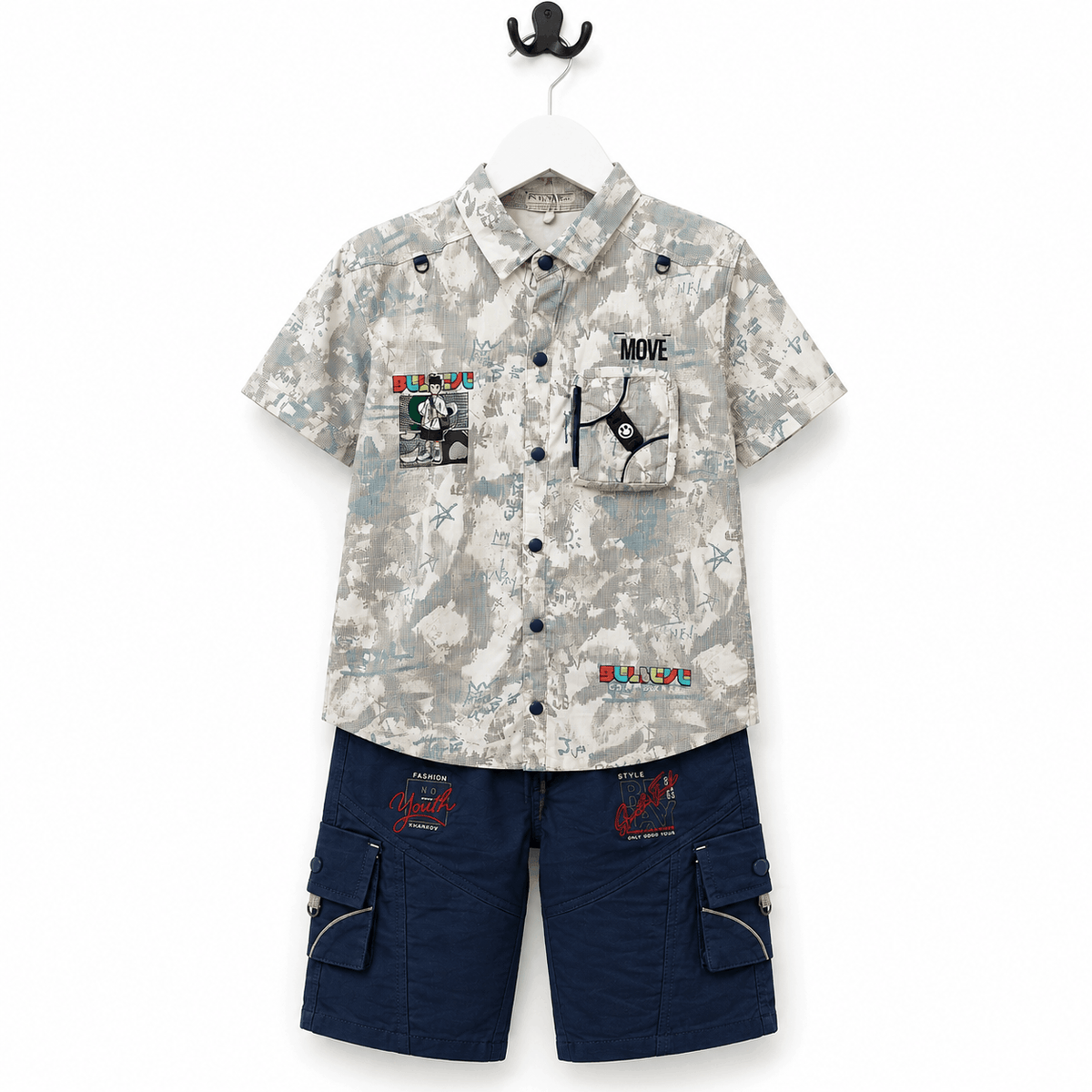 Boys Abstract Print Button Up Shirt and Cargo Shorts Set