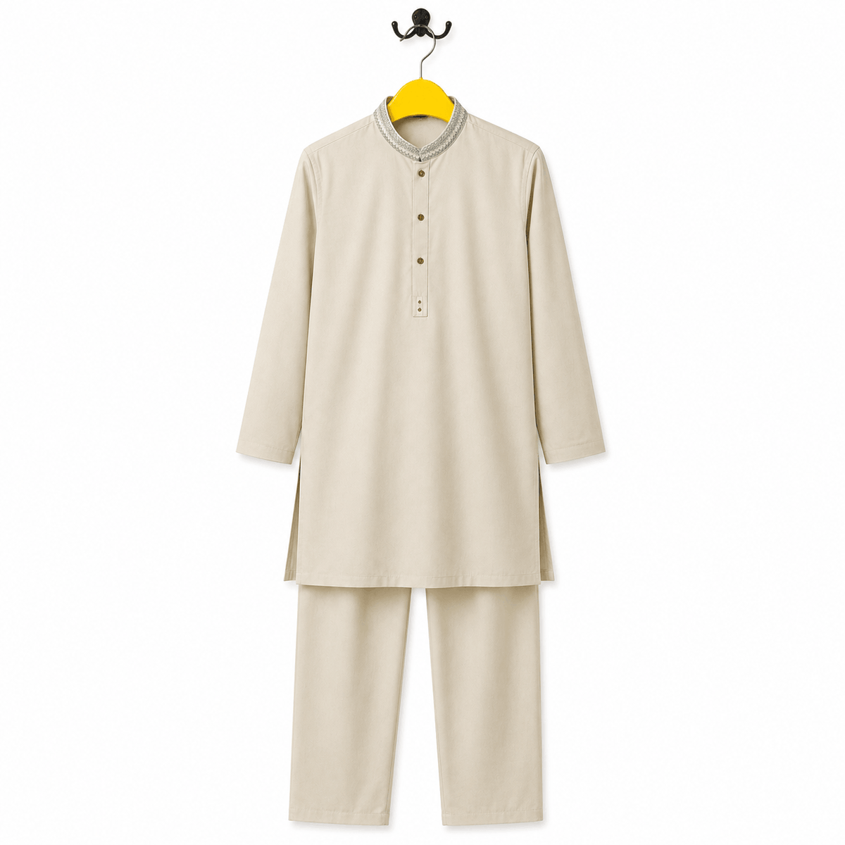 Boys Beige Embroidered Collar Kurta Pajama Festive 2 Piece Set