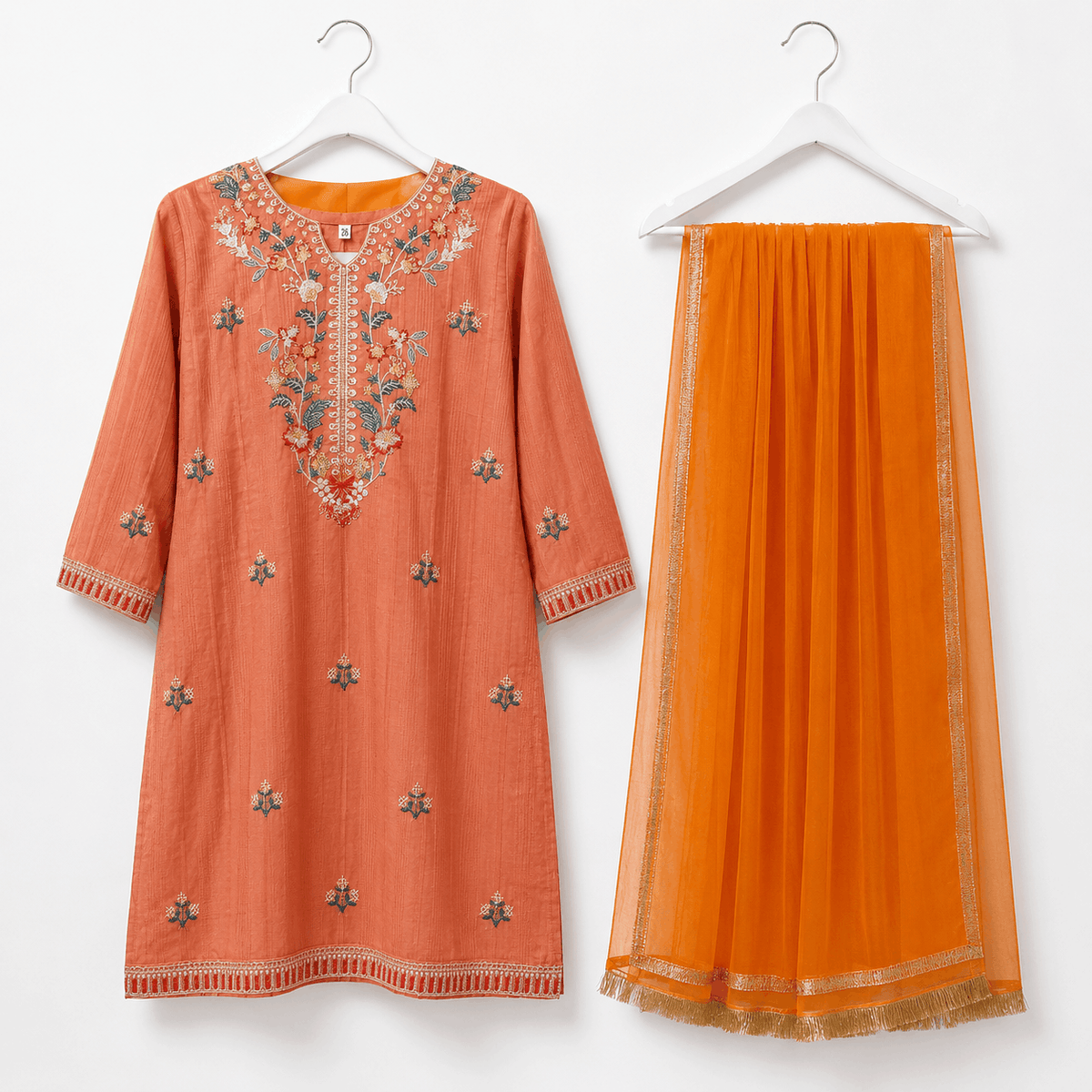 Girls Rust Orange Embroidered Kurta Trousers with Dupatta 3 Piece Set
