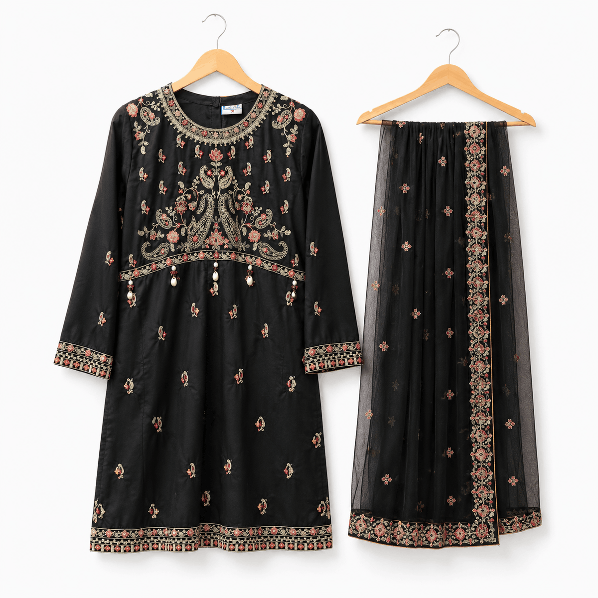Girls Black Embroidered Frock Trousers with Net Dupatta 3 Piece Set