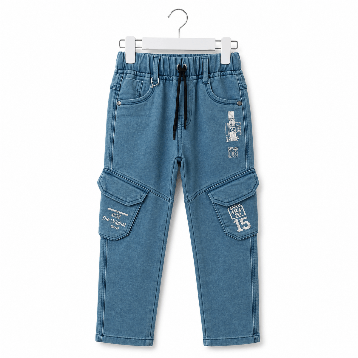 Boys Blue Denim Cargo Pants Graphic Print Jogger Jeans