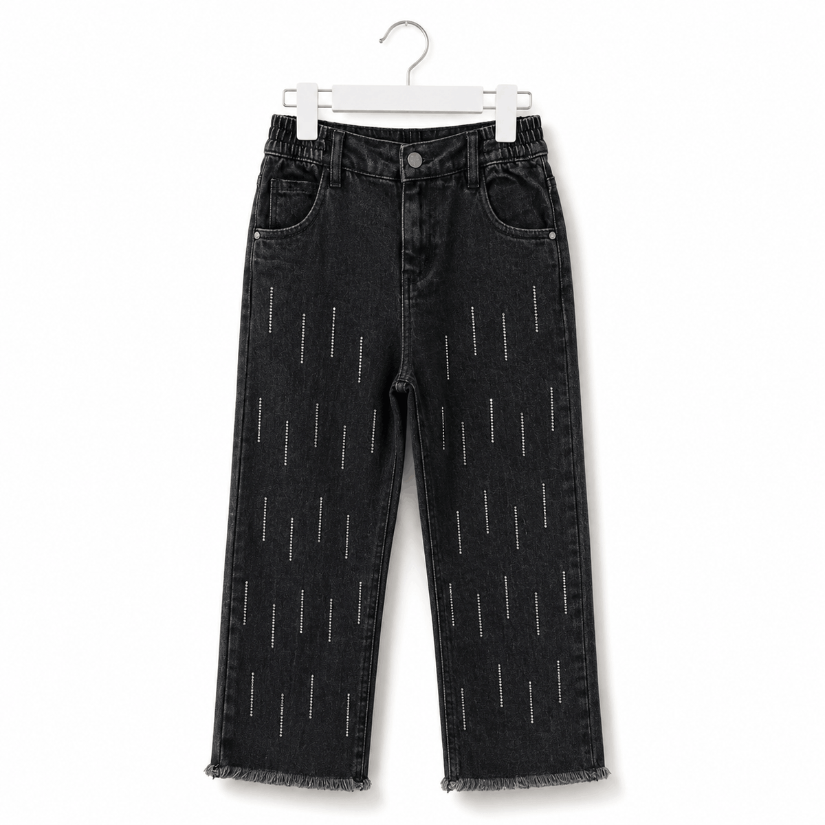 Girls Black Rhinestone Studded Wide Leg Denim Jeans Fringed Pants