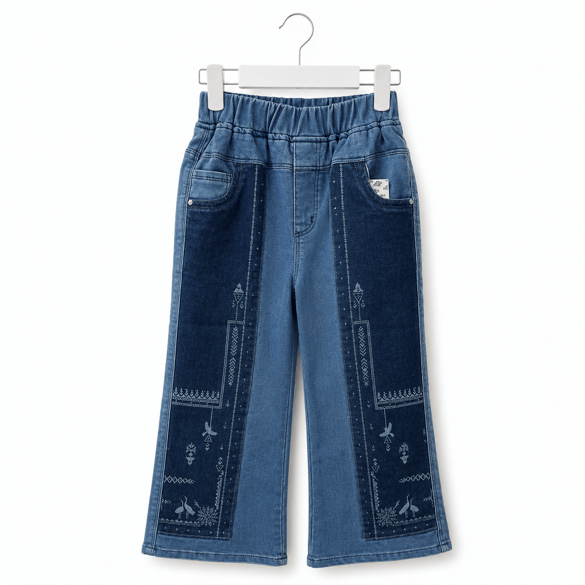 Girls Blue Two Tone Wide Leg Denim Jeans Embroidered Patchwork Pants
