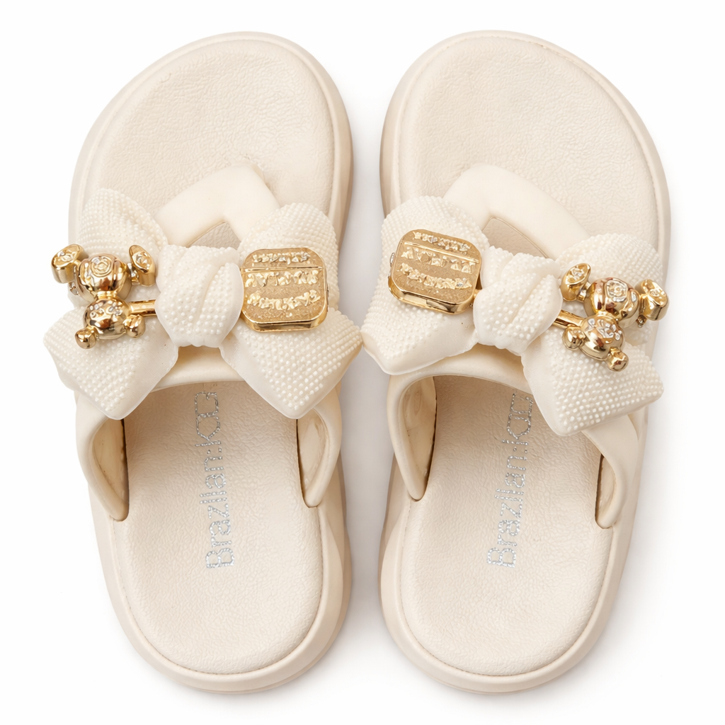 Girls Elegant Cream Bow Slides with Metallic Gold Bear