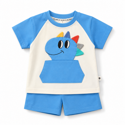 Kids Blue Raglan Dinosaur Cotton Tracksuit Set - 2 PC