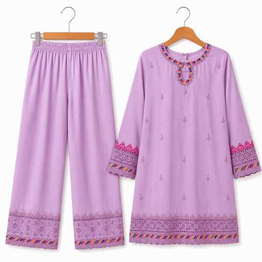 Women Lilac Lavender Embroidered Kurti with Wide Leg Pants Ethnic Co Ord Set