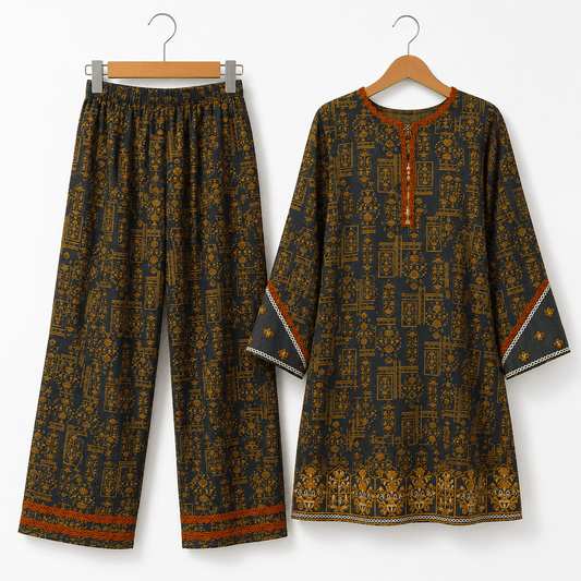 Women Charcoal Black Ajrak Print Kurti with Wide Leg Pants Ethnic Co Ord Set