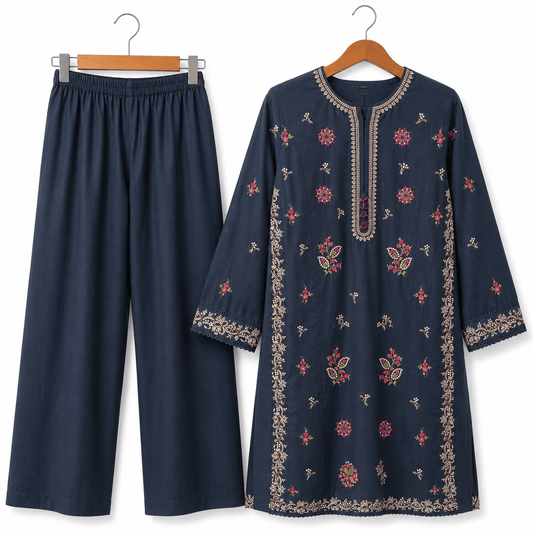 Women Dark Navy Blue Embroidered Kurti with Wide Leg Pants Ethnic Co Ord Set
