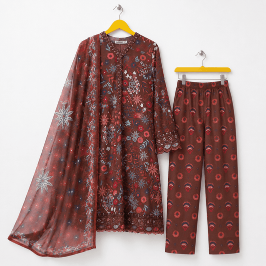 Women Rust Brown Floral Print Kurti Trousers and Dupatta Three Piece Set