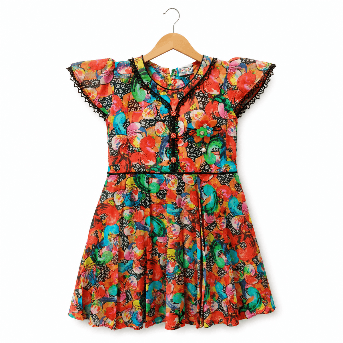 Baby Girls Multicolor Abstract Floral Print Frock with Black Lace Detail