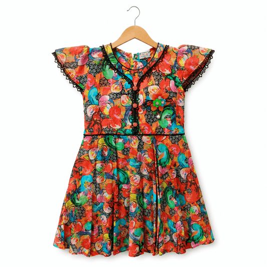 Baby Girls Multicolor Abstract Floral Print Frock with Black Lace Detail