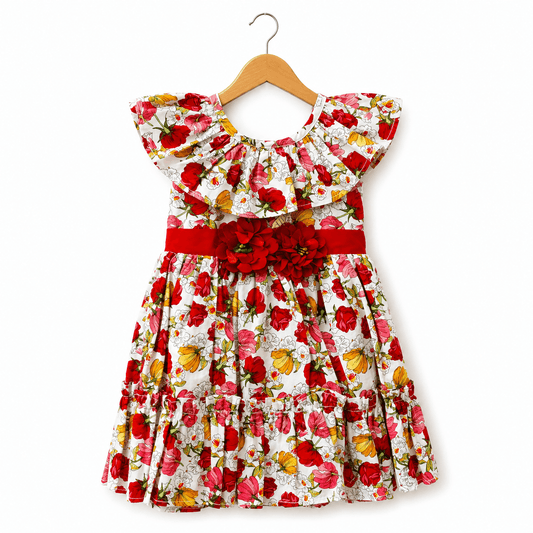 Baby Girls Red Floral Print Frock with Ruffle Collar and Waist Flower Applique