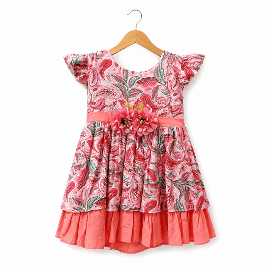 Baby Girls Pink Paisley Print Frock with Flutter Sleeves and Waist Flower Applique