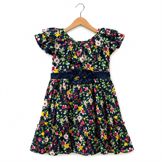 Baby Girls Navy Blue Floral Print Frock with Ruffle Cape Collar and Waist Flower Applique