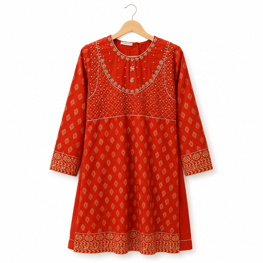 Sparrow Girls Bright Orange Red Printed Kurti with Gold Embroidery and Zari Detail