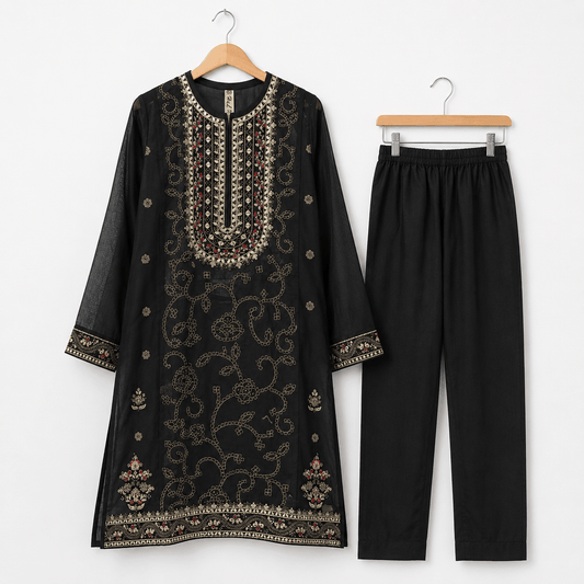 Women Black Embroidered Kurti with Straight Trousers Ethnic Co Ord Set