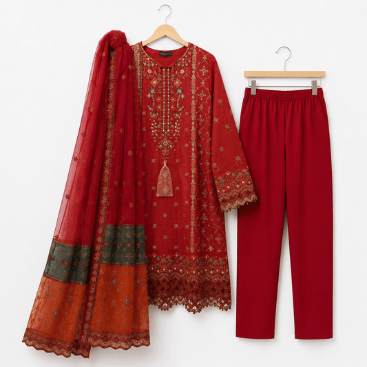 Luxury Embroidered Deep Red Suit