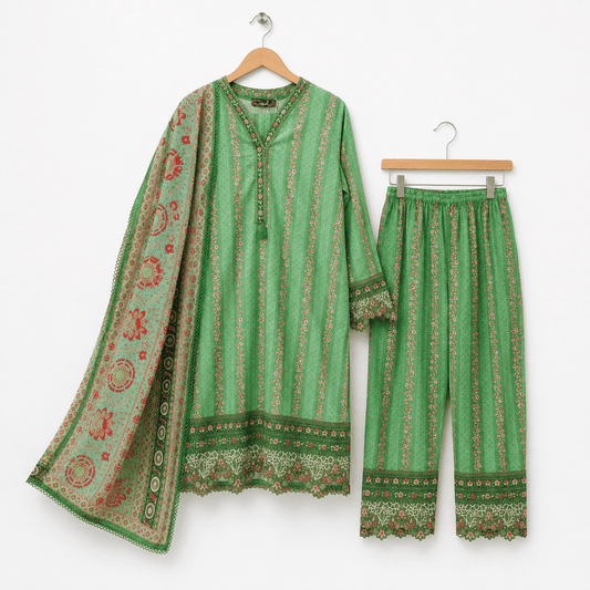 Vibrant Green Printed 3 Piece Suit