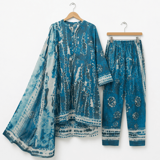 Ocean Blue Batik Print 3 Piece Lawn Suit