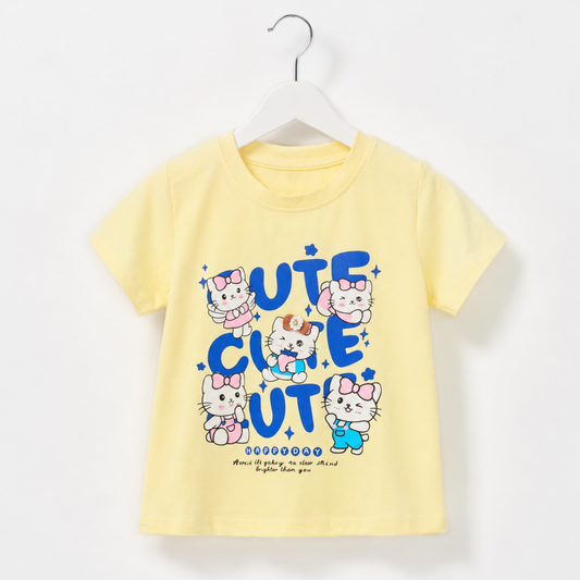 Girls Pastel Yellow Playful Kitten Cotton Top