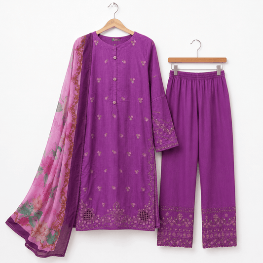 Elegant Purple Embroidered 3 Piece Lawn Suit