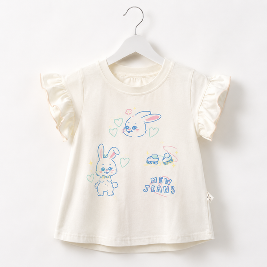 Girls Cream Cotton Bunny Print Top with Ruffled Sleeves