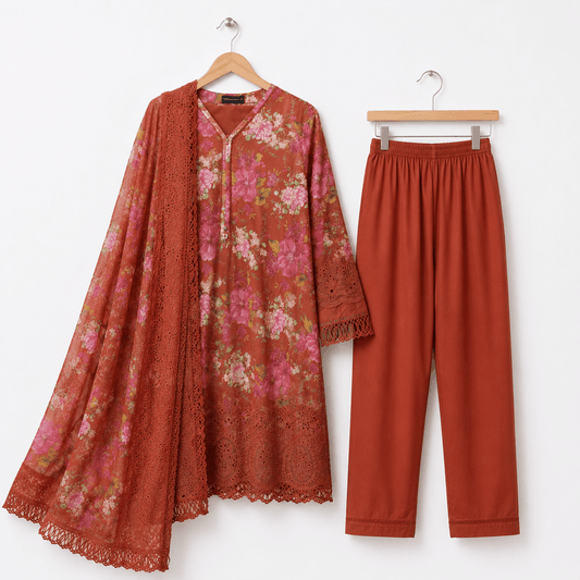 Terracotta Floral Dream 3 Piece Lawn Suit