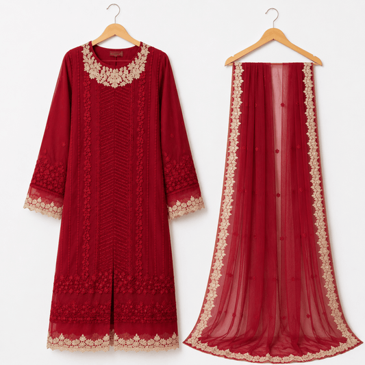 Women Royal Maroon 3-Piece Embroidered Festive Suit