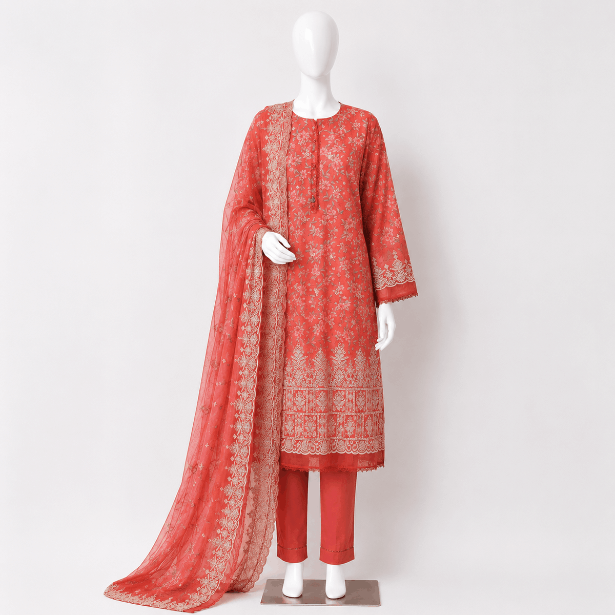 Coral Floral Elegance 3 Piece Lawn Suit