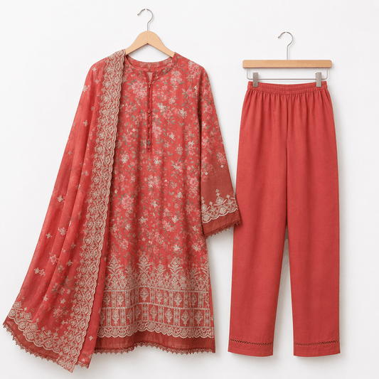 Coral Floral Elegance 3 Piece Lawn Suit