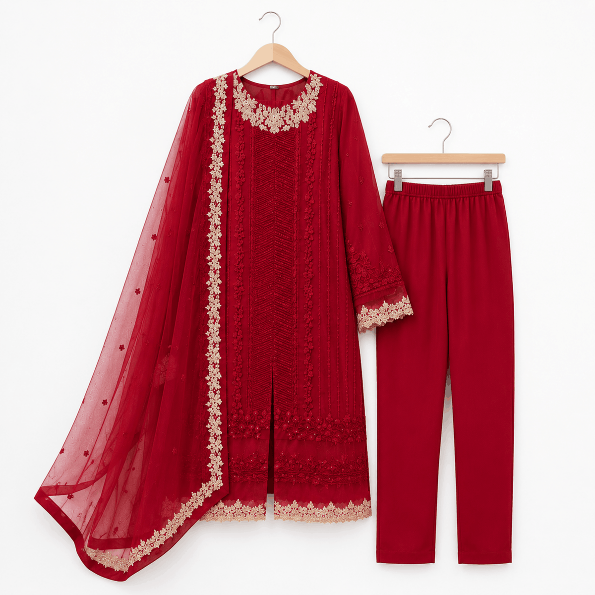 Women Royal Maroon 3-Piece Embroidered Festive Suit