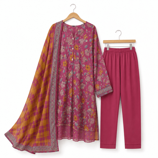 Magenta Blossom 3 Piece Printed Lawn Suit
