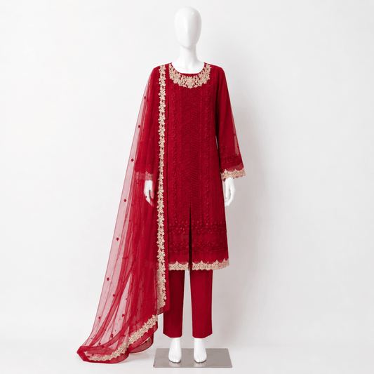 Women Royal Maroon 3-Piece Embroidered Festive Suit