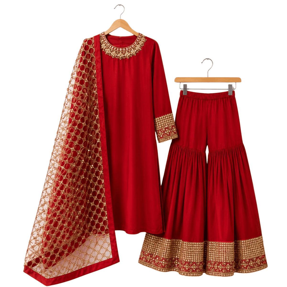 Women Crimson Red 3-Piece Embroidered Festive Gharara Suit