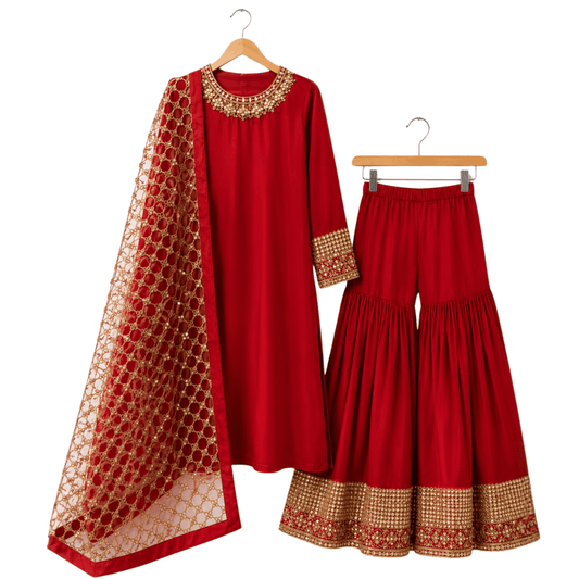 Women Crimson Red 3-Piece Embroidered Festive Gharara Suit