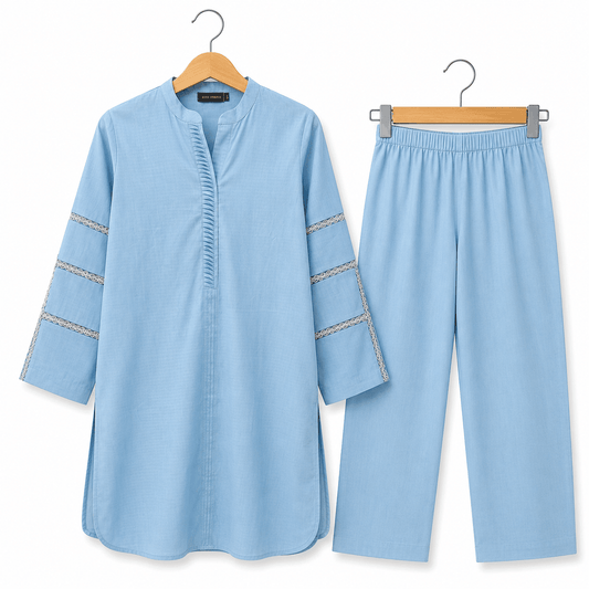 Sky Blue 2 Piece Solid Lawn Co-Ord Set