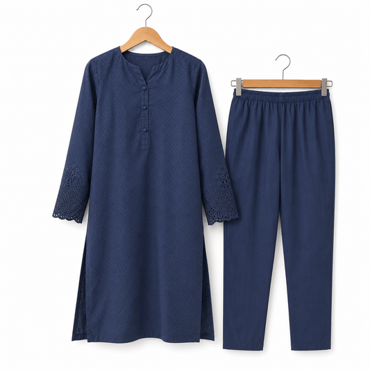 Midnight Navy Embroidered 2 Piece Cotton Lawn Co-Ord Set