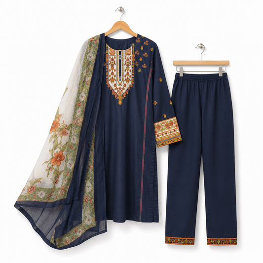 Midnight Blue Embroidered Floral 3 Piece Lawn Suit