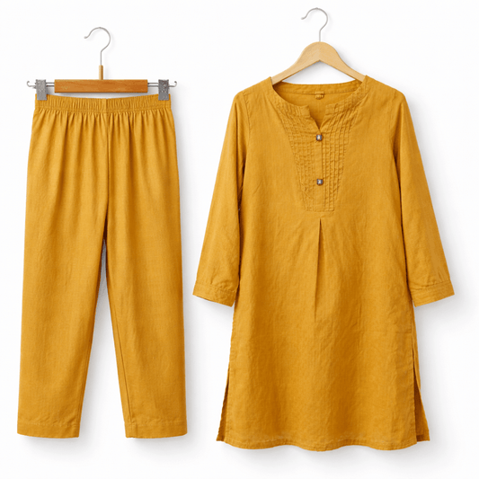 Mustard Ochre Pleated 2 Piece Lawn Co Ord Set