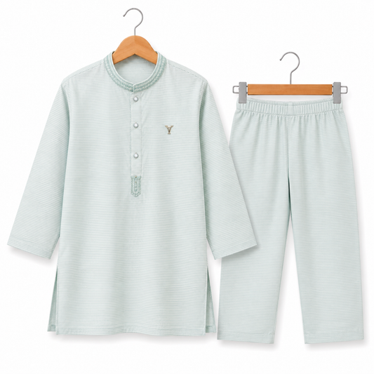 Boys Pastel Mint Embroidered Cotton Kurta Set - 2 PC