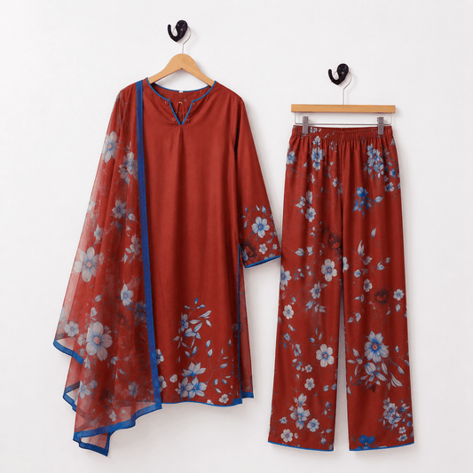 Rust Terracotta Floral 3 Piece Printed Lawn Suit