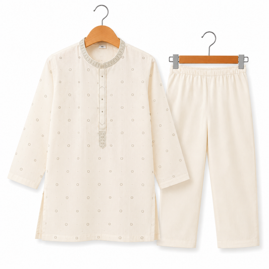 Boys Ivory Cream Embroidered Kurta Set - 2 PC