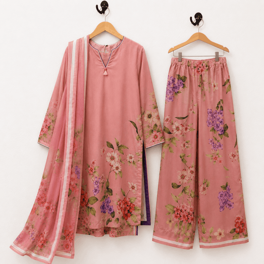 Tea Rose Pink Floral Garden 3 Piece Printed Lawn Suit