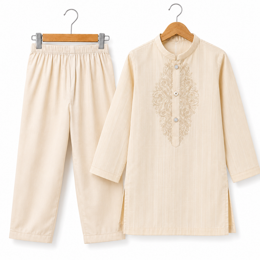 Boys Beige Luxury Heavily Embroidered Kurta Set - 2 PC